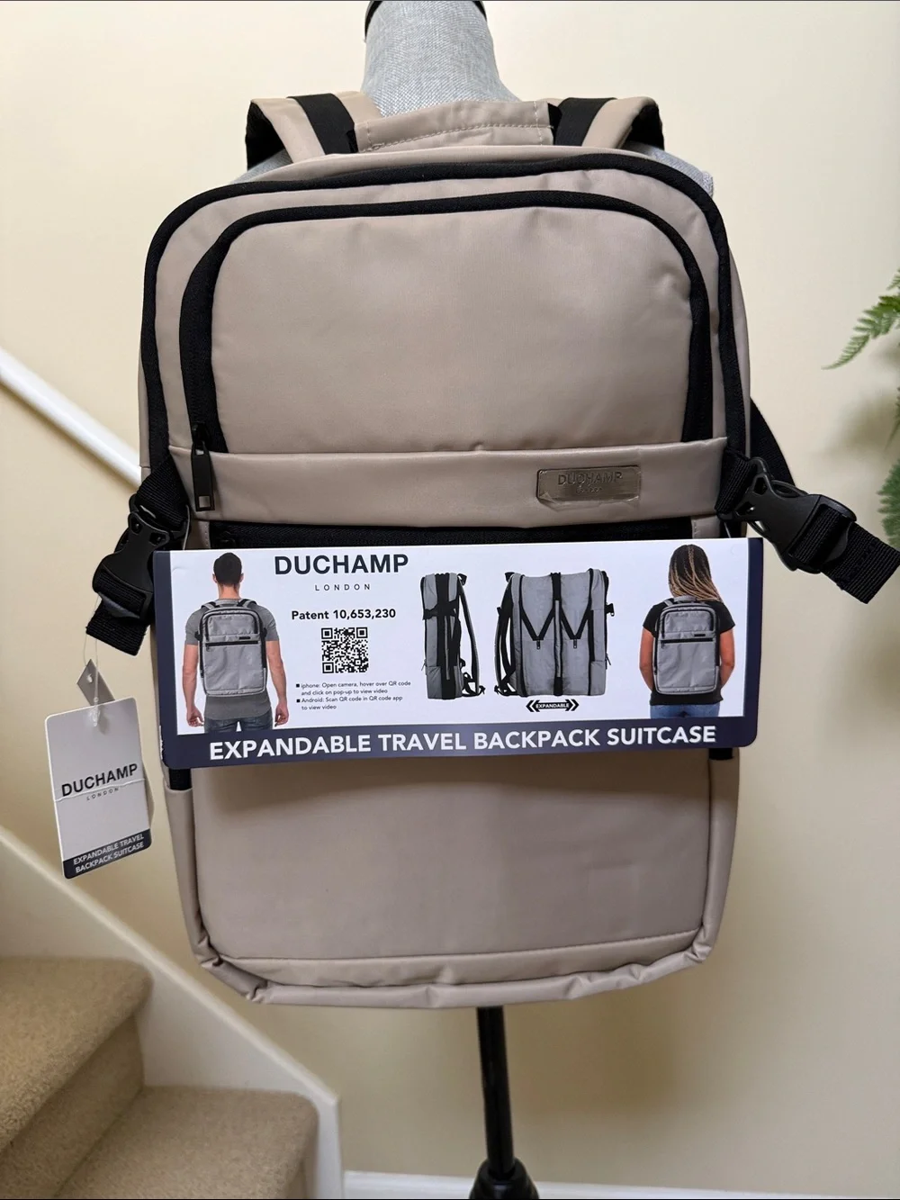 Duchamp Beige Expandable Travel Backpack/ Suitcase with laptop pocket and USB.